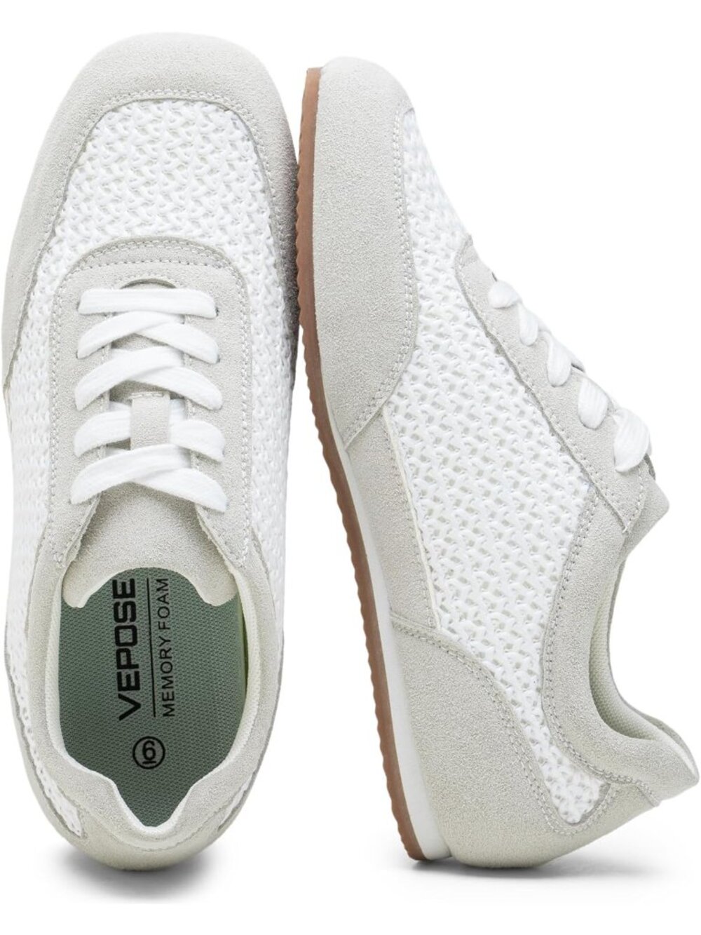 Women White Grey Faux Leather Lightweight Breathable Mesh Tennis Fashion Sneaker